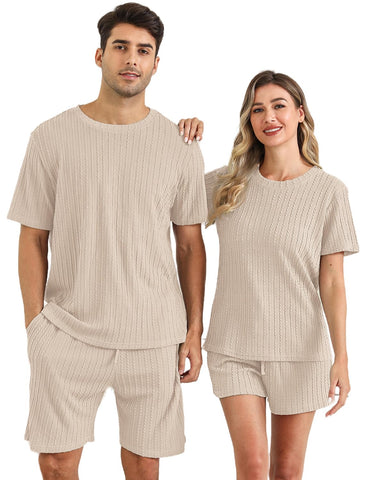 EISHOPEER Men's Pajama Set Ribbed Knit Lounge Pjs Set Short Sleeve Top and Shorts Sleepwear 2 Piece Soft Loungewear Beige XX-Large
