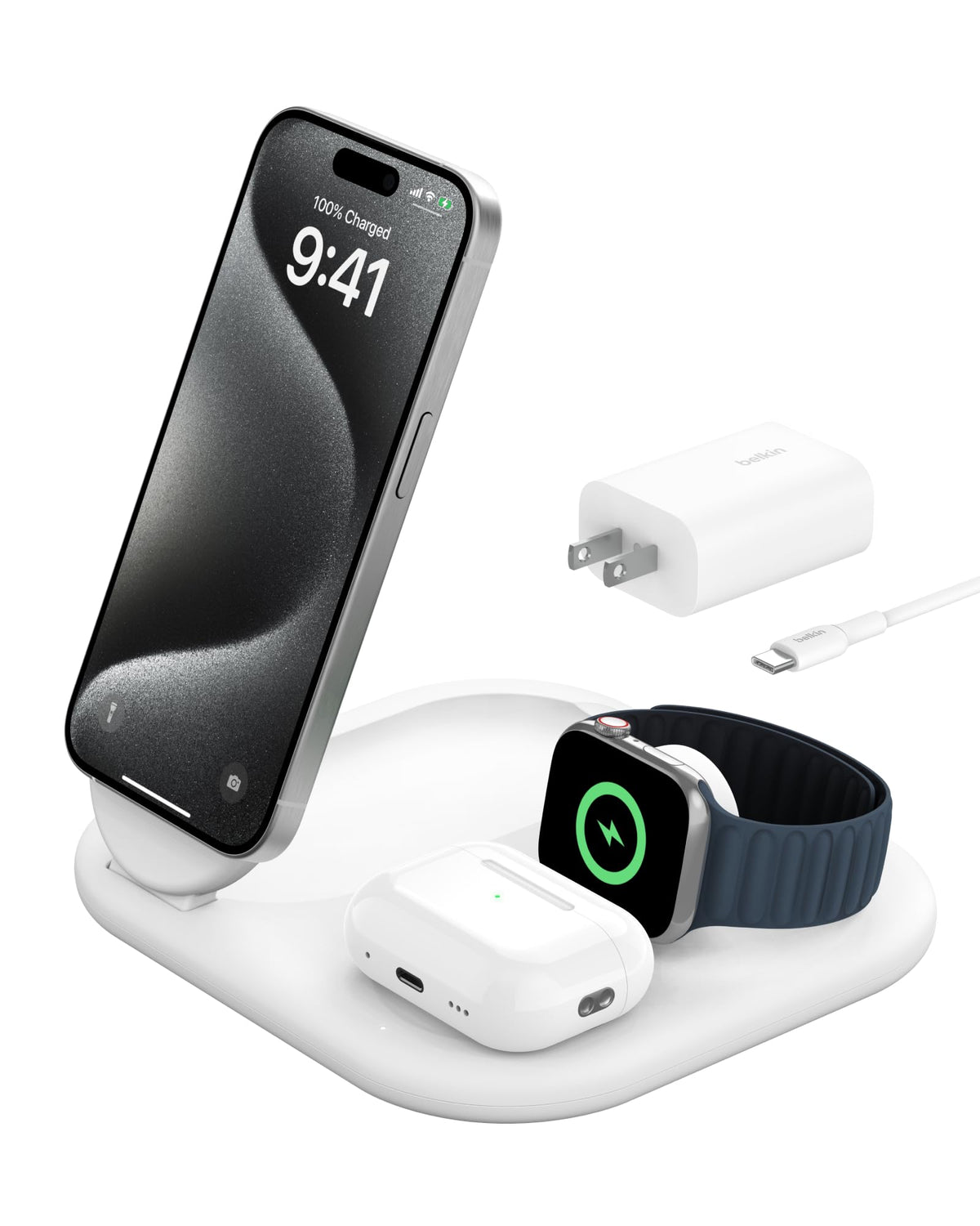 Belkin MagSafe-Compatible iPhone Charger - 3-in-1 Magnetic Foldable Charger 15W - Qi2-Certified Wireless Charging Station for iPhone 16, Apple Watch, AirPods w/Non-Slip Base, PSU Included - White