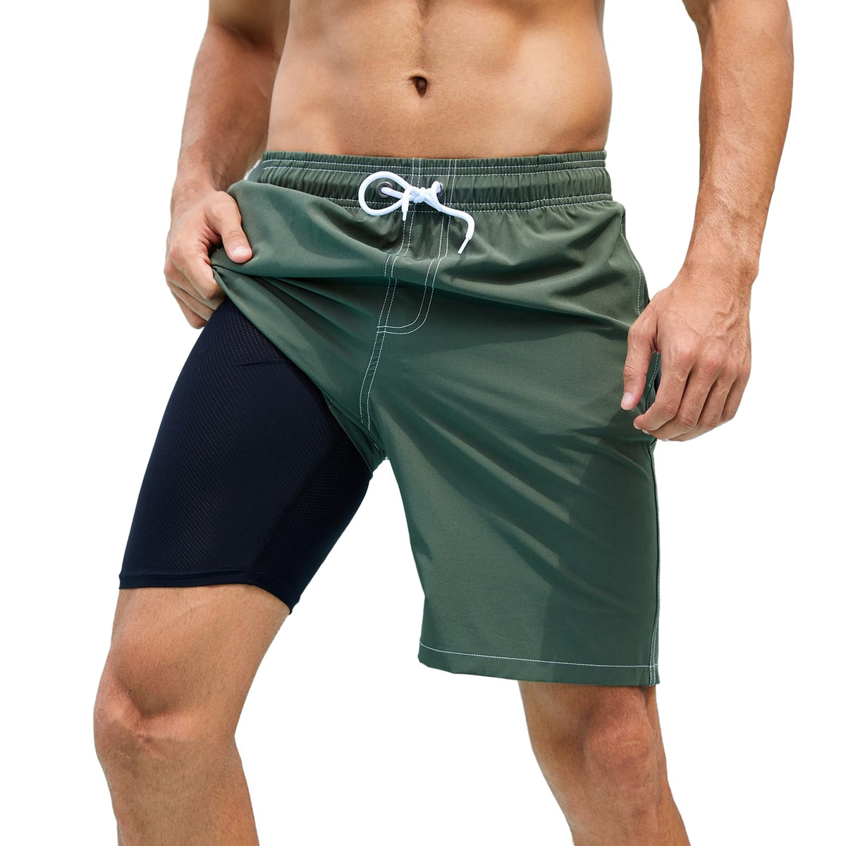 Arcweg Mens Swimming Shorts Long Swimming Trunks with Compression Liner 2 in 1 Swim Trunks with Zipper Pockets Quick Dry Men's Swim Shorts Double Layer Military Green XL?UK