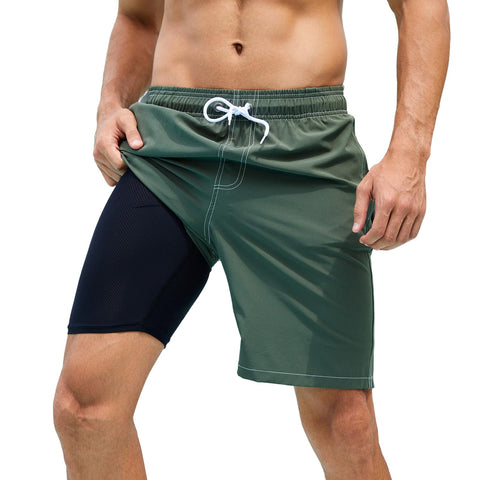 Arcweg Mens Swimming Shorts Long Swimming Trunks with Compression Liner 2 in 1 Swim Trunks with Zipper Pockets Quick Dry Men's Swim Shorts Double Layer Military Green XL?UK