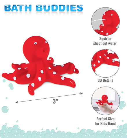 DolliBu Octopus Bath Buddy Squirter - Floating Red Octopus Rubber Bath Toy, Fun Water Squirting Bathtime Play for Toddlers, Cute Sea Life Animal Toy for The Bathtub, Beach, & Pool for Girls & Boys