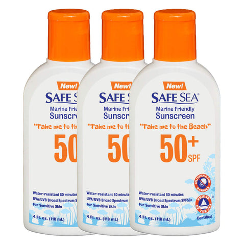 Safe Sea Jellyfish Sting-Blocking Sunscreen, SPF 50+ Lotion 4oz, Waterproof, Biodegradable, Coral Reef-Safe - Body and Face Sunscreen, Anti-Jellyfish and Sea-Lice sting protection. 4 FL Oz (Pack of 3)