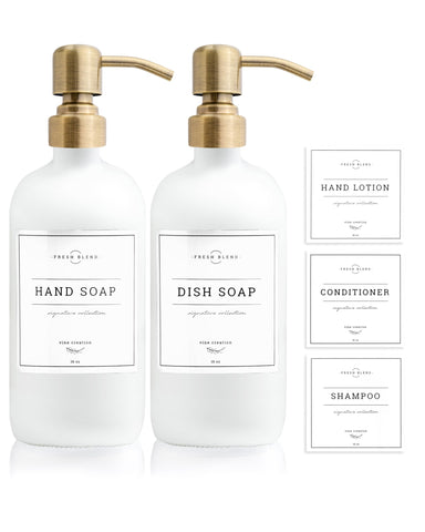 Vine Creations White Glass Soap Dispenser, 2 Pack Kitchen Soap Dispenser Set with Stainless Steel Pump, 16 oz Hand Soap Dispenser Bathroom, Dish Soap Dispenser for Kitchen with Waterproof Labels