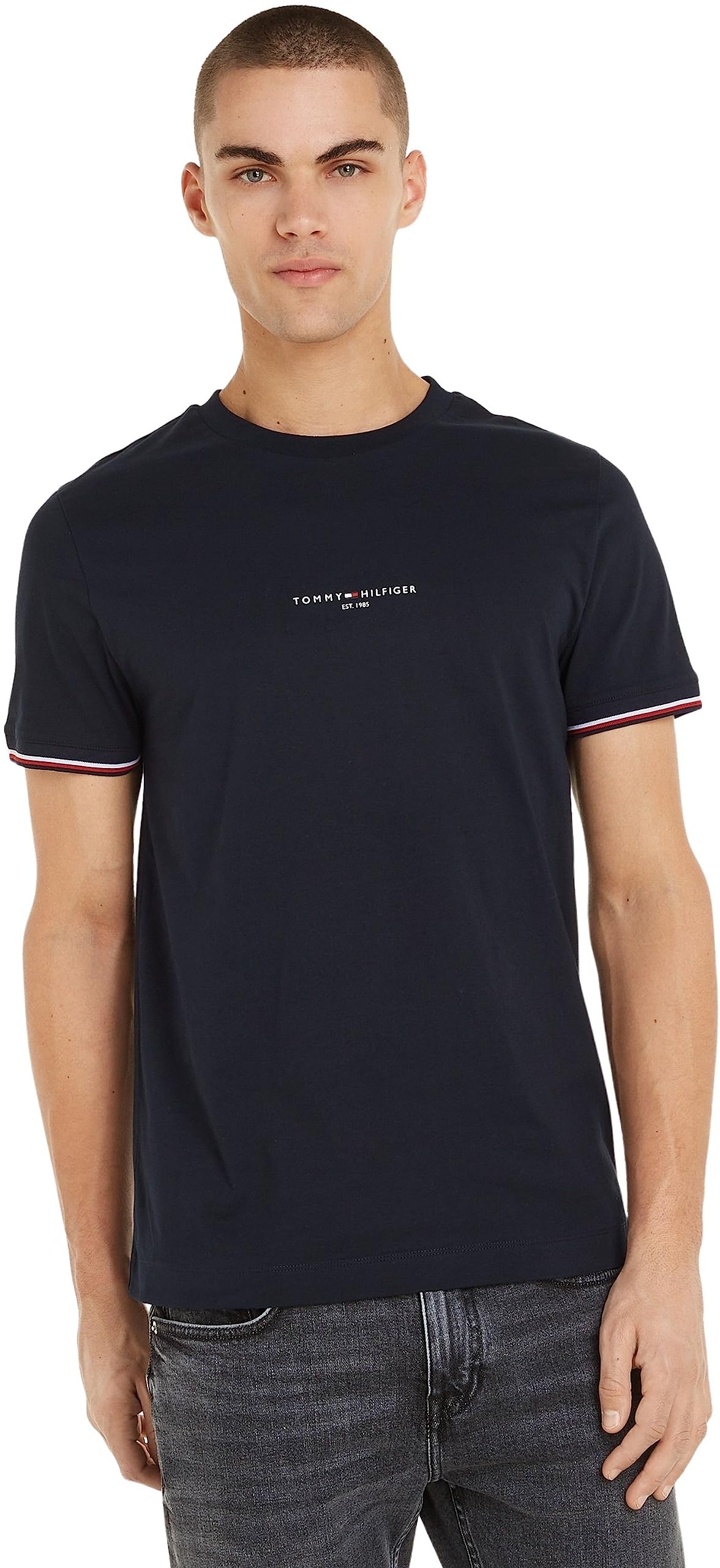 Tommy Hilfiger Menâ€™s Short Sleeve Round Neck Logo Tipped T-shirt, Blue (Desert Sky), L