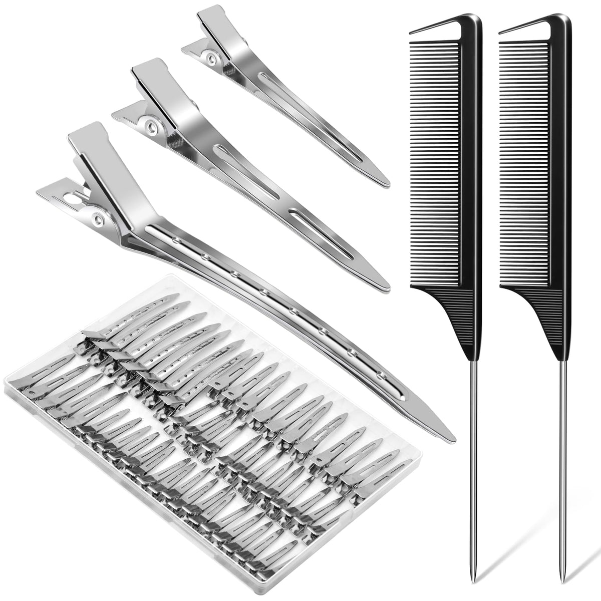 Hair Clips, MORGLES 70 Pcs 3 Sizes Hair Clips for Women with 2 Pcs Rat Tail Combs for Parting, Silver Alligator Hair Clips for Styling, Hair Bows, Salon