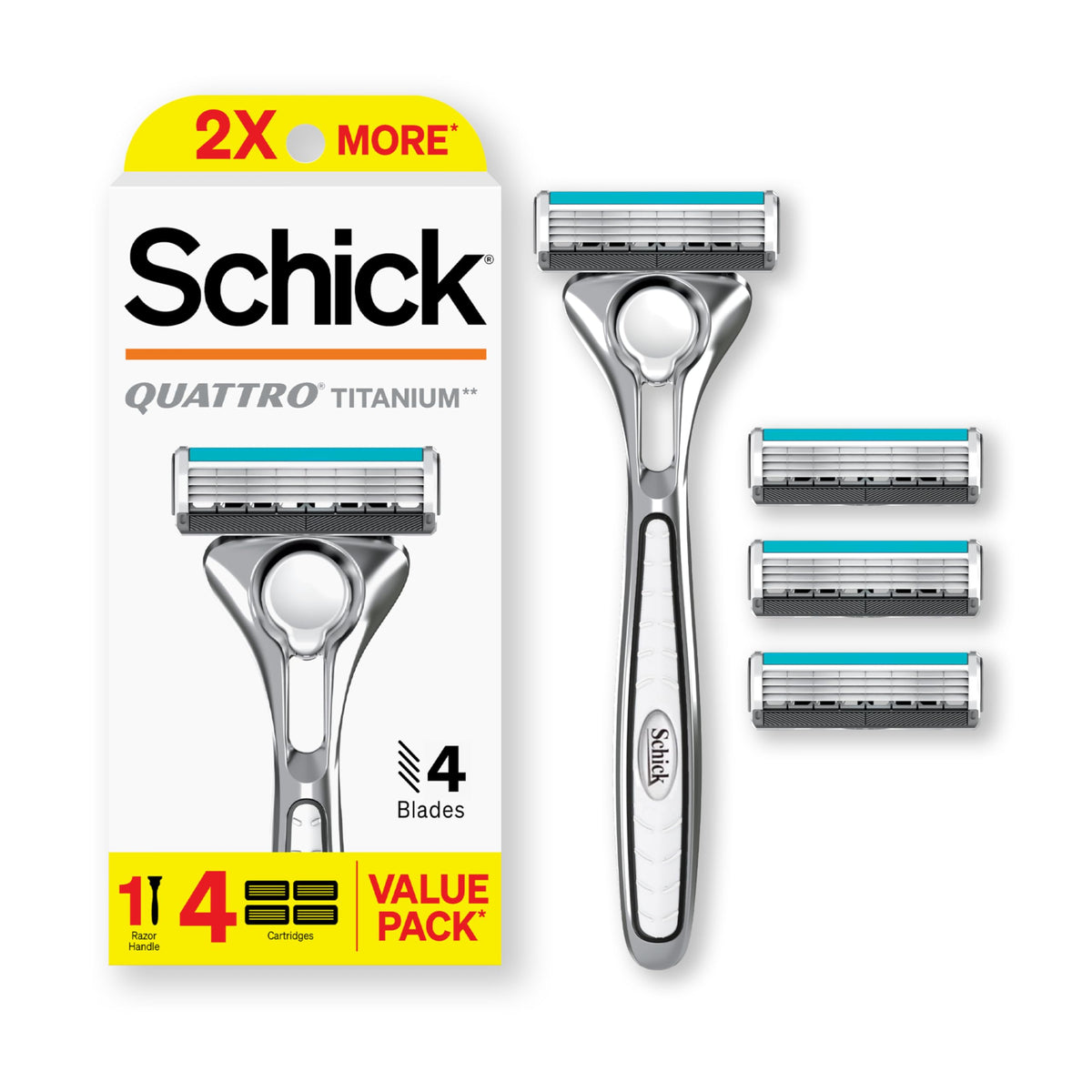 SCHICK Quattro Titanium Razor, 4 Blade Men's Razor, Multicolor, 1 Handle with 4 Refills