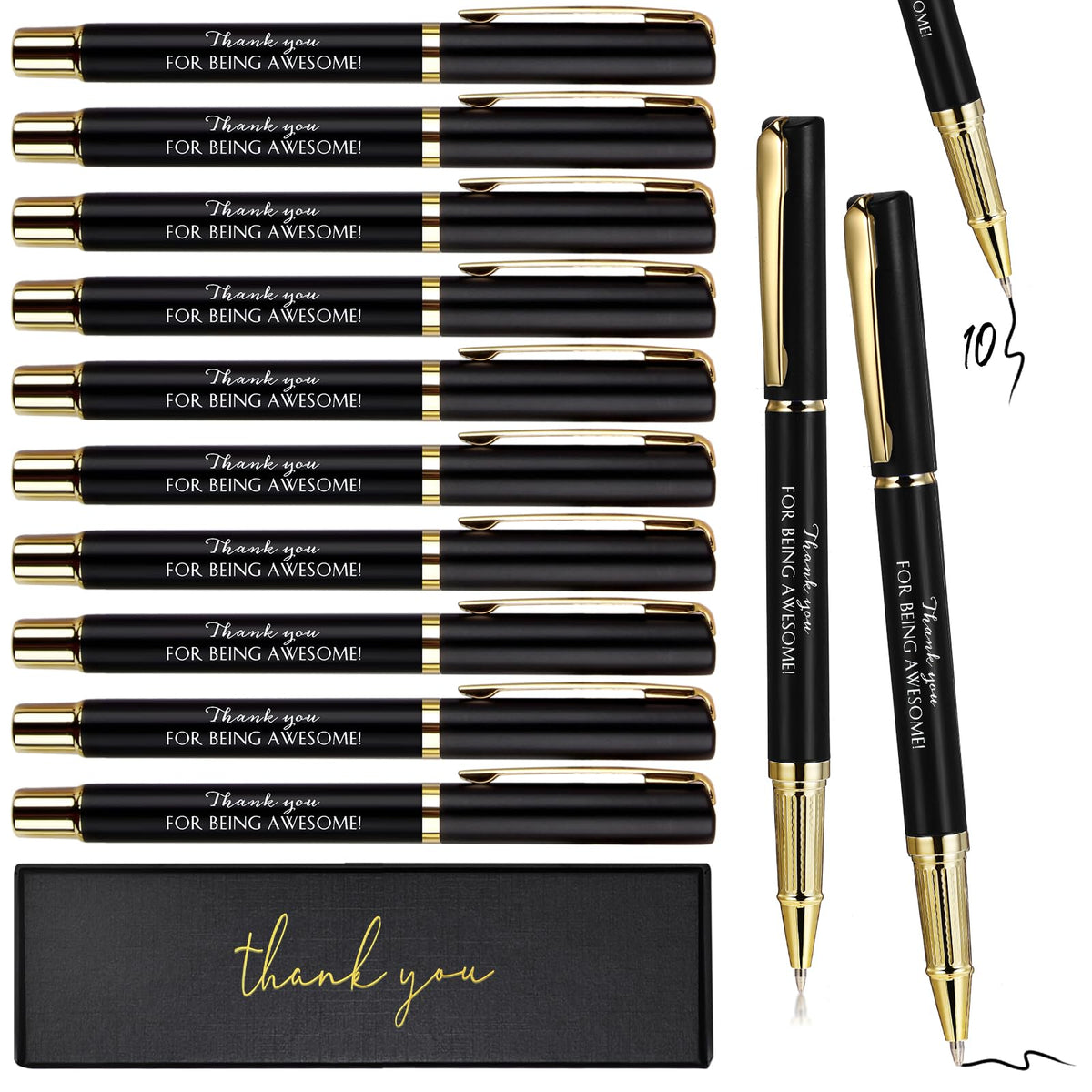 PerKoop 10 Pcs Thank You Gifts Inspirational Ballpoint Pens with Gift Boxes Motivational Quote Pen Bulk Appreciation Gifts for Employee Coworker Teacher Nurse Friends Gifts(Black, Awesome)