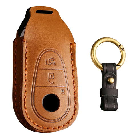 KUNIO Leather Car Key Fob Cover Case Fit for Mercedes Benz A B C S R M Class W223 S350 CLS GLA Key Protective Cover Keychain Key Holder Car Accessory 3 Button Brown