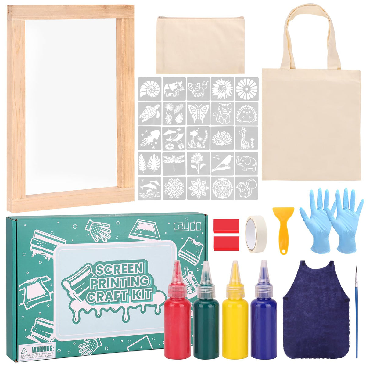 Caydo 37 Pieces Kids Screen Printing Kit Includes Wood Silk Screen Printing Frame, 25 Stencils, 4 Paints, 3 Squeegees, Bags, Apron, Tape and Gloves
