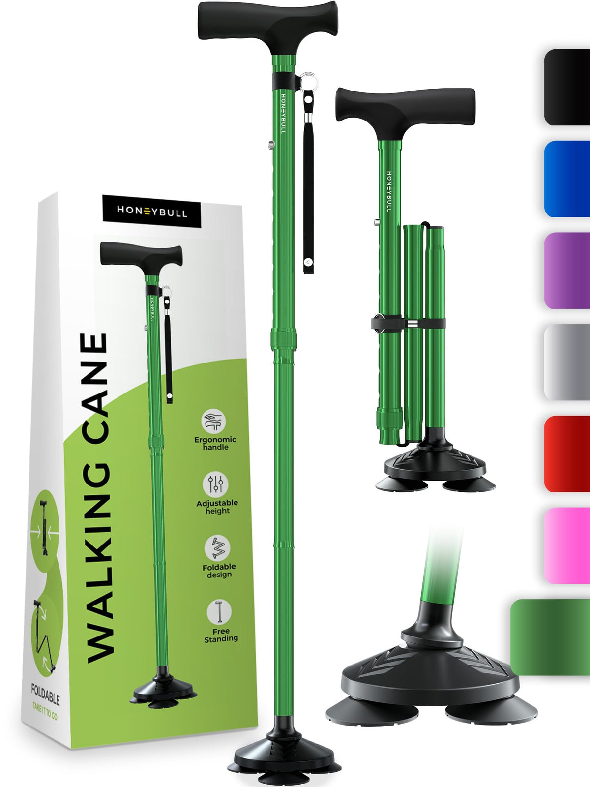 HONEYBULL Walking Cane for Men & Women - Foldable, Adjustable, Collapsible, Free Standing Cane, Pivot Tip, Heavy Duty | Walking Sticks for Seniors & Adults [Green]