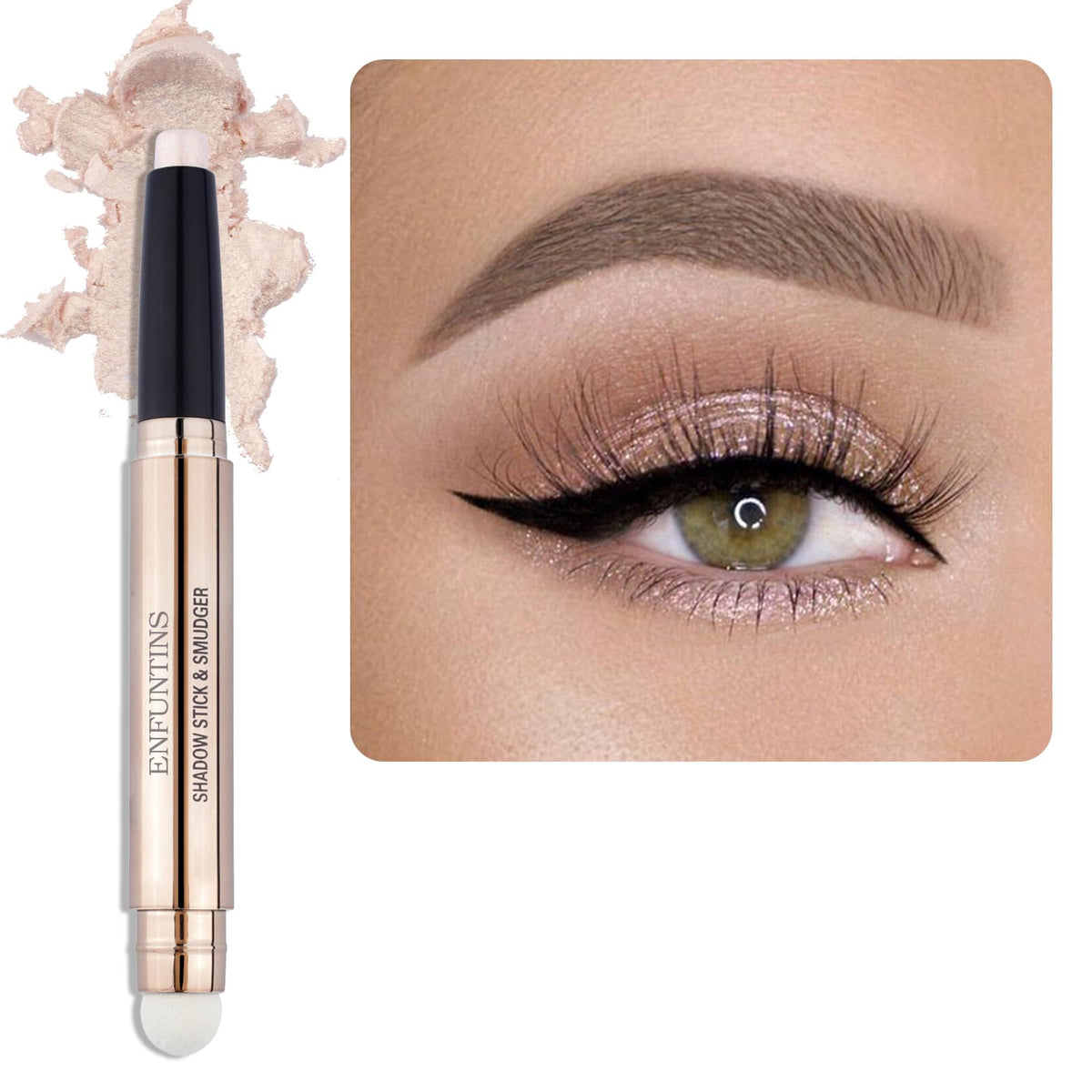 Enfuntins Shimmer Cream Eyeshadow Stick, Eye Brightener Stick Glitter Eyeshadow Crayon Pencil with Soft Smudger, Long Lasting Waterproof Highlighter Eye Shadow Makeup (02 Light Gold Shimmer)