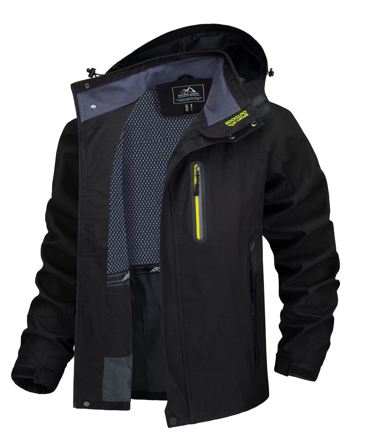 TACVASEN Winter Jacket men waterproof casual jacket breathable Hiking Camping Jacket Hooded Cargo Mountain Coat with Zip Pockets Black