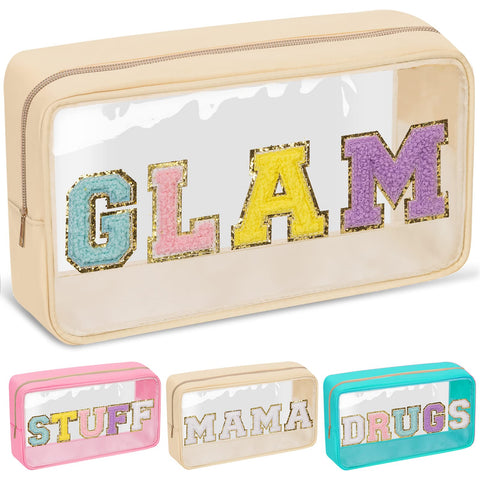 Chenille Letter Clear Makeup Bags Glam Pouch, Preppy Patch Makeup Bag with Zipper, Transparent PVC & Nylon Waterproof Portable Glitter Cosmetic Bag Travel Toiletry Storage for Women Girls(GLAM-Beige)