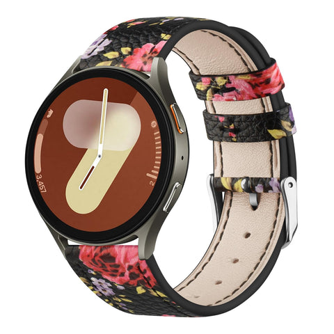 Leather Straps for Samsung Galaxy Watch 7/6/5/4 40mm 44mm Watch 5 Pro 45mm/Watch 6 Classic 43mm 47mm/Watch 4 Classic 42mm 46mm/Watch FE 40mm/Watch 3 41mm/Watch Active 2 (Black Pink Flower)