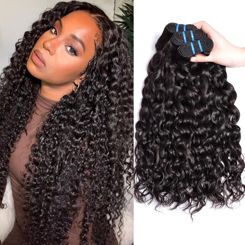 Water Wave Human Hair Bundles Brazilian Virgin Hair Curly Bundles Short Curly Weave Bundles Human Hair Natural Color Can be Dyed 3 Bundles Total 300g 10 10 10 Inch