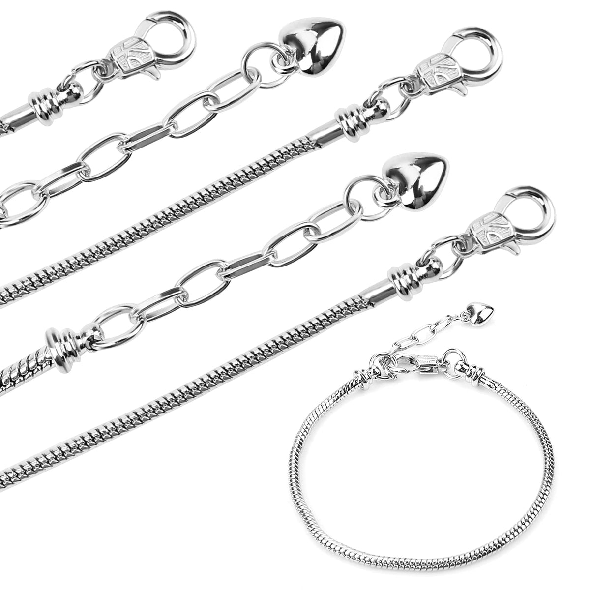 Abeillo 6 Pieces Chain Bracelets for Jewelry Making, 20cm Snake Bracelet Chains Charm with Heart Lobster Clasp Extender Chain DIY Bracelet Chain for Women Jewelry Making (Silver)