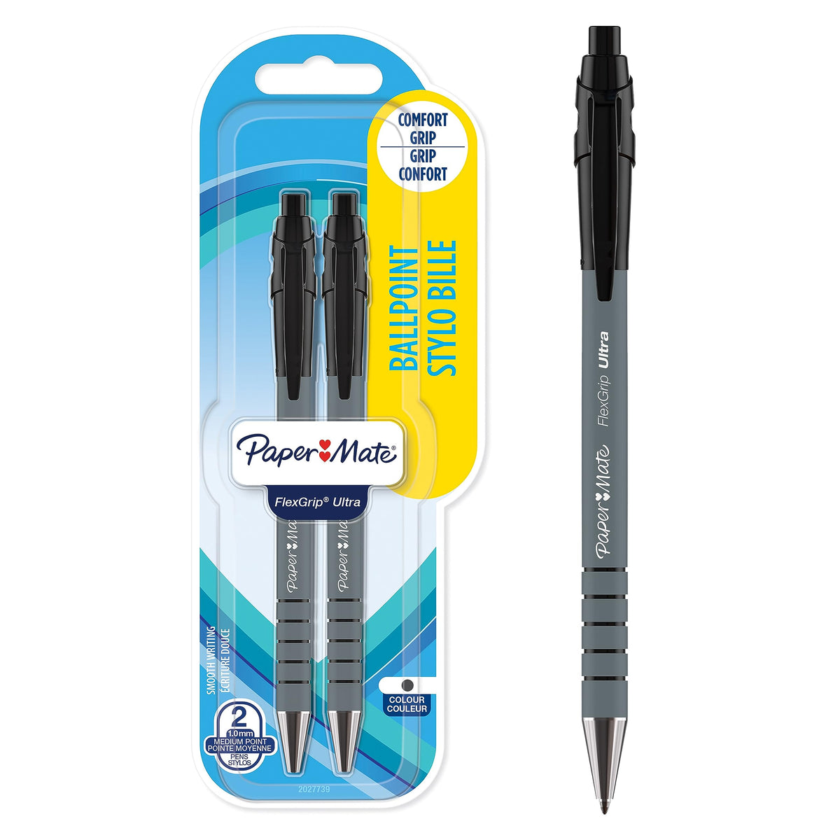 Paper Mate FlexGrip Ultra Retractable Ballpoint Pens, Medium Point (1.0mm), Black, 2 Count