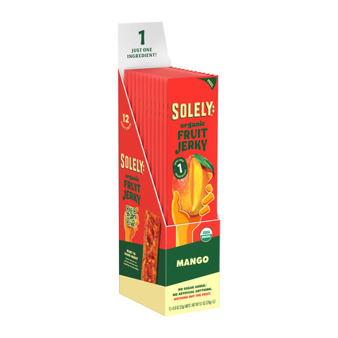 SOLELY Organic Mango Fruit Jerky, 12 Strips - Made from Fresh Fruit, Individually Wrapped Snack, Vegan, Non-GMO, No Sugar Added, Not From Concentrate, Shelf-Stable, Healthy Snack for Kids & Adults