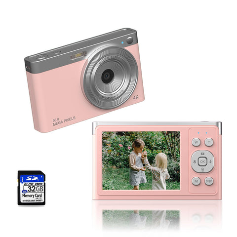 Digital Camera, Ordine 4K Kids Camera with 32GB SD Card Autofocus, 50MP Compact Video Camera 16X Digital Zoom Vlogging Camera for Kids Students Teens (Pink)
