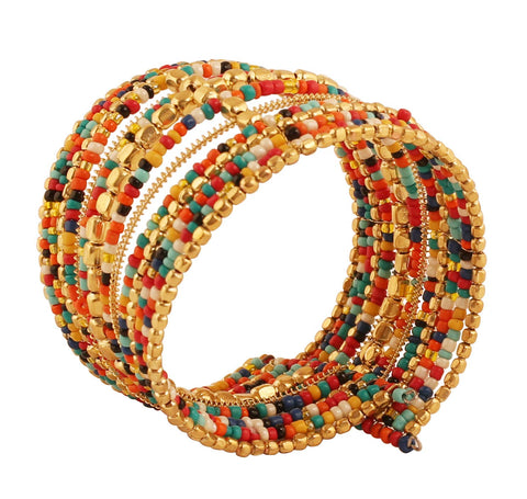 Touchstone New Indian Bollywood Exclusive Style Finely Intertwined Multi Color Glass Beads Beaten Metal Beads Free Size Designer Jewelry Fashion Edge Cuff Bracelet in Silver Tone for Women.