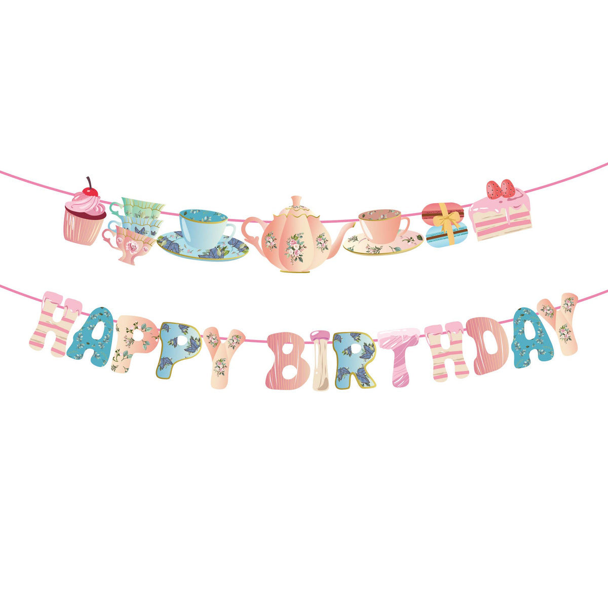 Konsait Tea Happy Birthday Banner Hanging Garland Lets Par Tea Teapot and Teacup Birthday Banner for Alice in Wonderland Tea Party Decorations Birthday Party Favor Supplies Photo Booth Backdrop