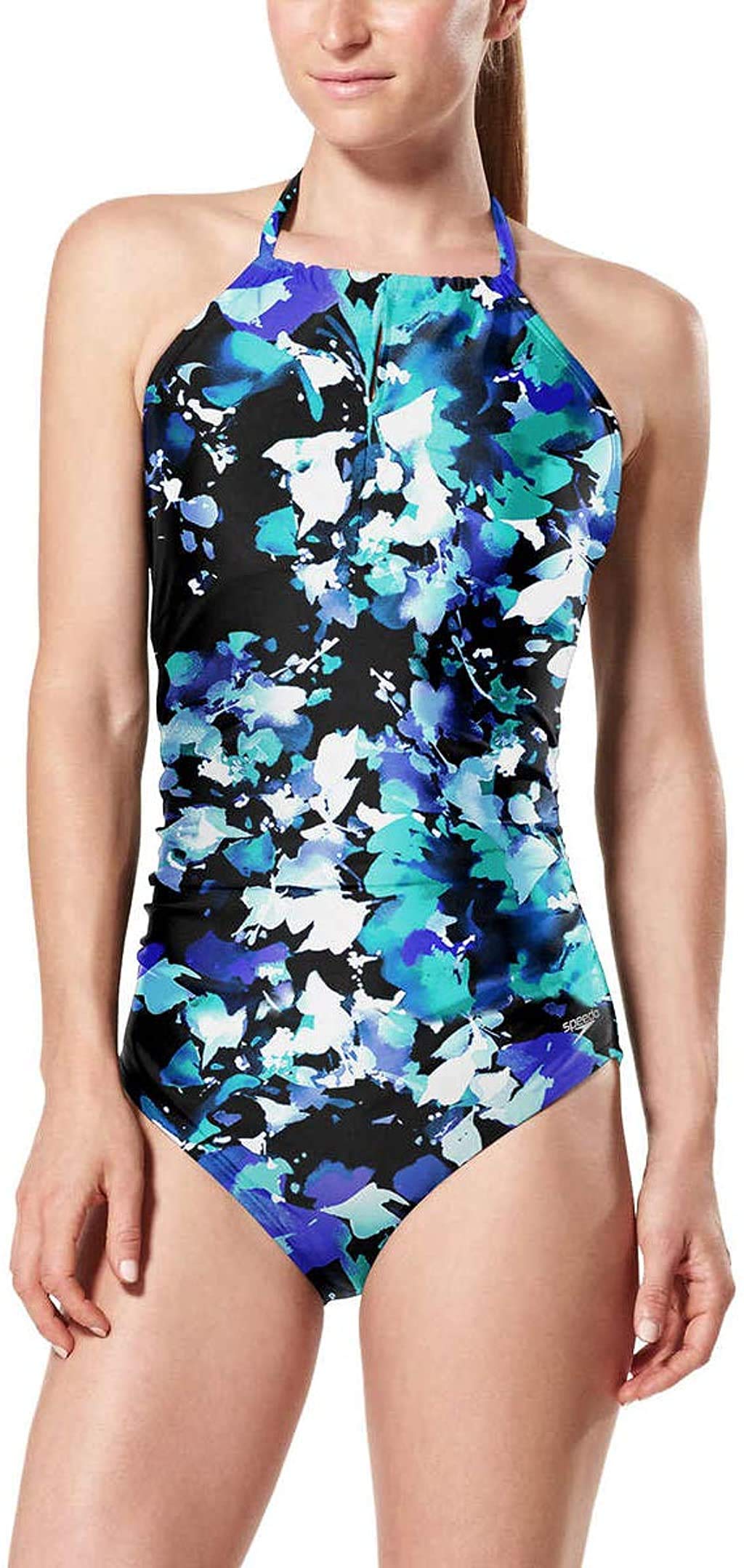 Speedo Women's Floral Print One-Piece Swimsuit (Blue, XL)