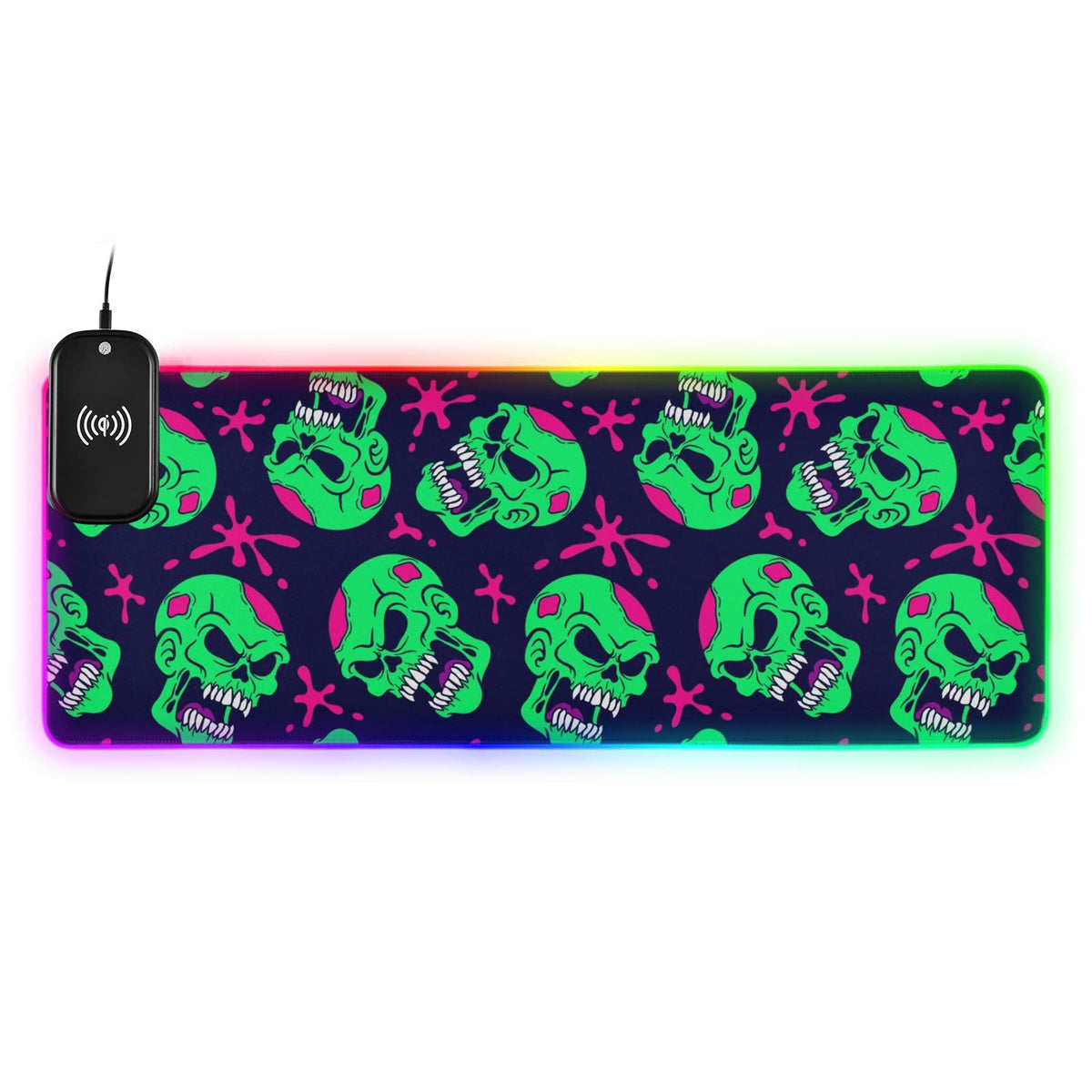 Cool Skull Wireless Charging Mouse Pad for Mobile Phone Extra Large Gaming Mousepad with 13 Lighting Modes Extended Desk Mat for Office Home Gaming MacBook PC Laptop Desk