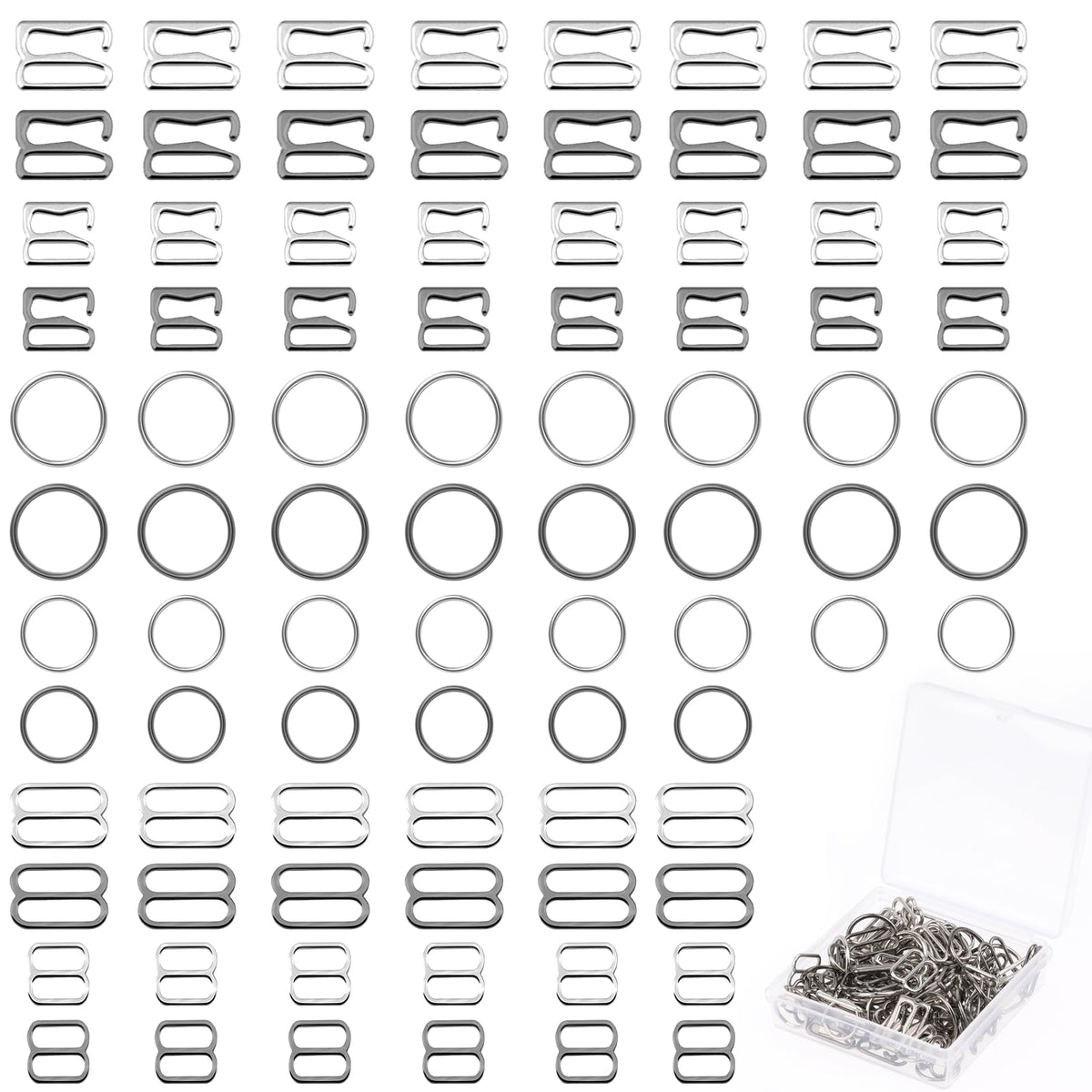 KALIONE 120pcs Bra Strap Hooks for Bikini Halter Swimsuit, Bra Strap Slider Replacement Kit, Metal Bathing Suit Clips Clasp Adjustment Slider for Slip Dress