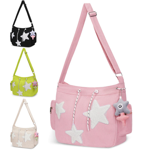 Cute Aesthetic Tote Bag for Women, Kawaii Pink hobo Shoulder Bag, Zipper Star Messenger Bag with Kawaii Pendent (Pink)