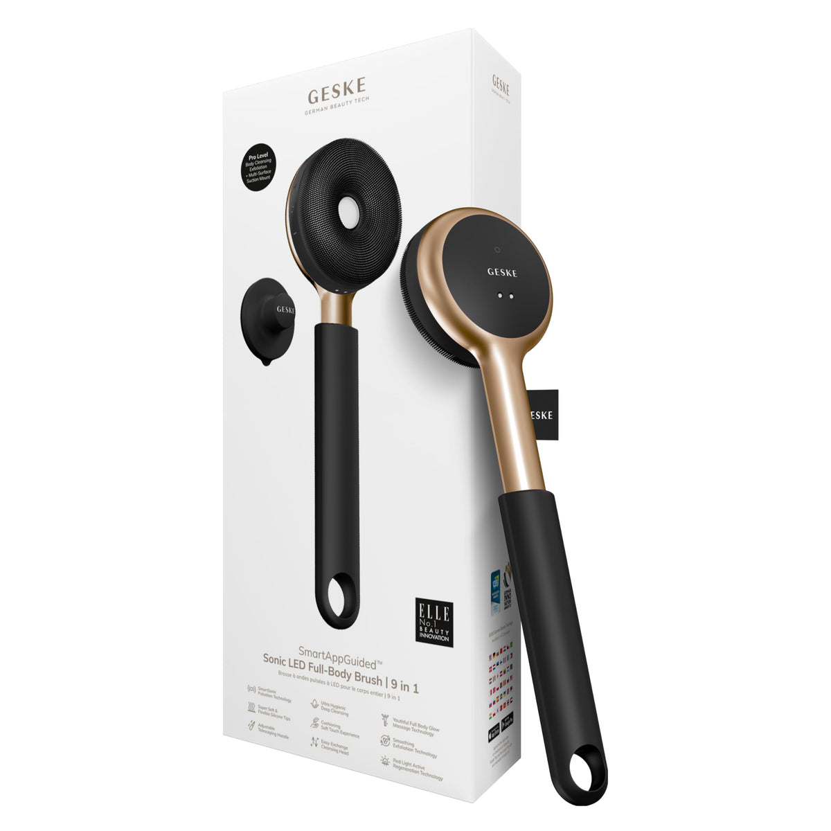 GESKE LED Sonic Full-Body Brush | 9 in 1 | Body Cleansing Brush & Intensive Exfoliator with LED | with SmartSonic Pulsations | Expert Deep Cleansing & Massage | Rough Skin Remover | Adjustable Handle