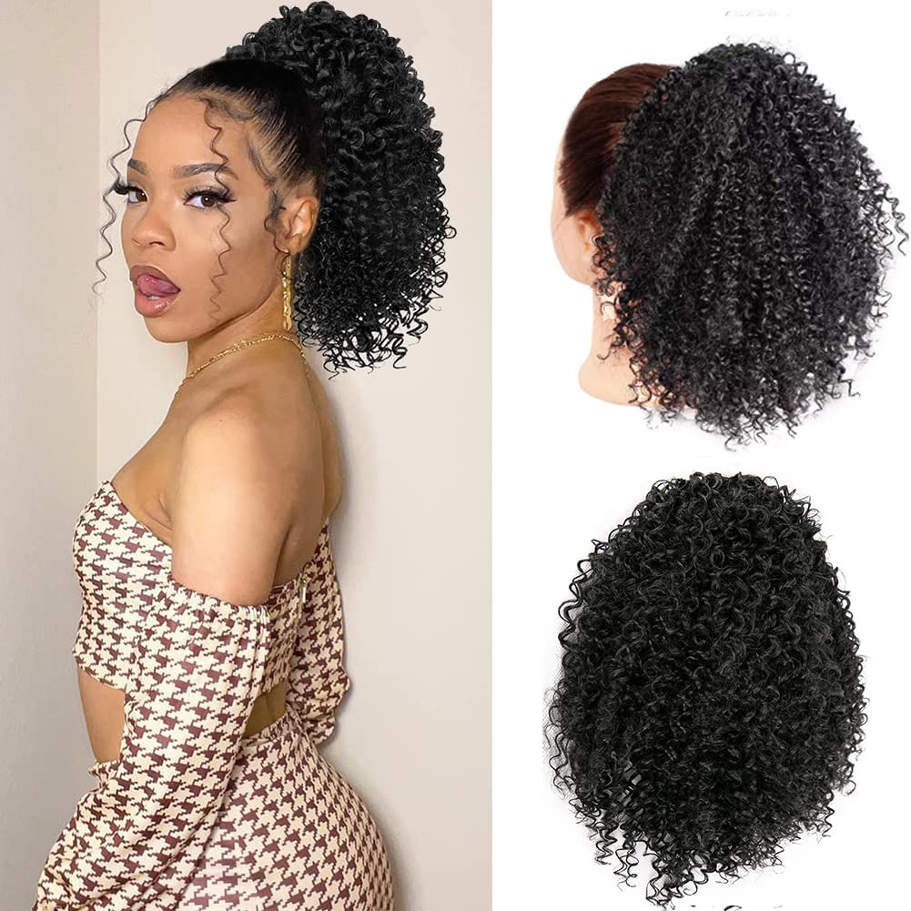 DUTIKA Drawstring Ponytail Extension Curly Hair Extensions, Synthetic Pony Tails Extensions Human Hair Feeling, Kinky Curly Ponytail Afro Puff Drawstring Ponytail for Black Women?10inch,Natural black?
