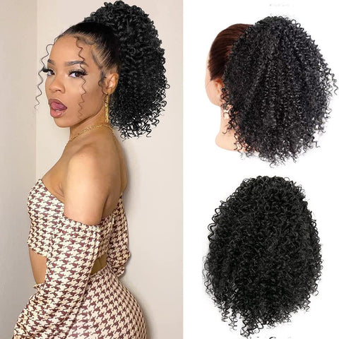 DUTIKA Drawstring Ponytail Extension Curly Hair Extensions, Synthetic Pony Tails Extensions Human Hair Feeling, Kinky Curly Ponytail Afro Puff Drawstring Ponytail for Black Women?10inch,Natural black?