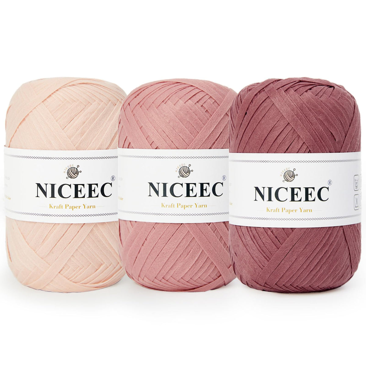 NICEEC Kraft Paper Yarn Raffia Yarn Soft Craft Ribbon Yarn Polyester Yarn for Crocheting DIY Craft Yarn-Pink Series