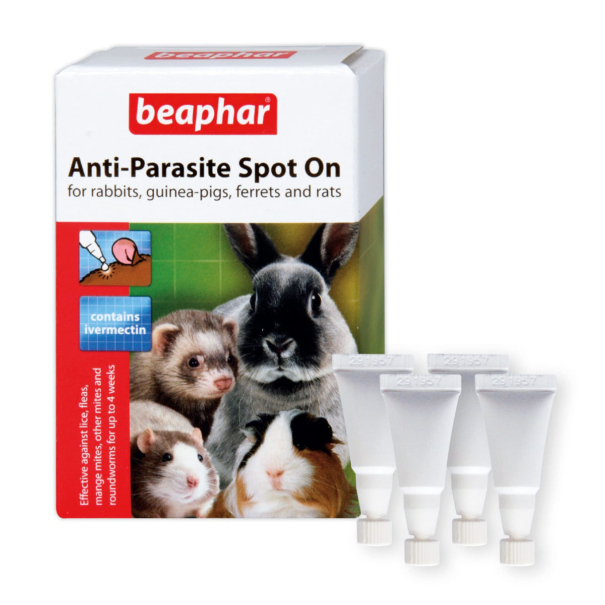Beaphar - Anti-Parasite Spot-On - For Rabbits, Guinea Pigs, Ferrets, & Rats Weighing Over 300 g - Kills Lice, Mice, Fleas, & Roundworms - Vet Strength Treatment - 4 Pipettes