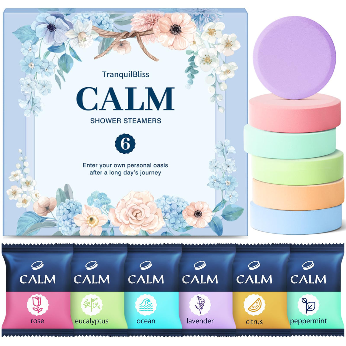 TranquilBliss Easter Basket Stuffers Shower Steamers 6 Count, Nice Gifts Set with Natural Ingredients, 6 Different Scents & Individually Wrapped, Ideal as Holiday Gift for Her, Friends, Mom
