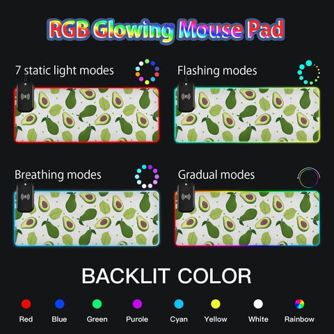 Avocado Fruit Leaves Wireless Charging Mouse Pad for Mobile Phone Extra Large Gaming Mousepad with 13 Lighting Modes Extended Desk Mat for Gaming MacBook PC Laptop Desk Office Home