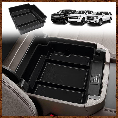Muslogy for 2021-2024 Yukon Tahoe Suburban Center Console Tray Middle Console Organizer ABS Armrest Storage Box Compatible with GMC Yukon Tahoe Suburban 2021 2022 2023 Not for Sliding Console(Grey)