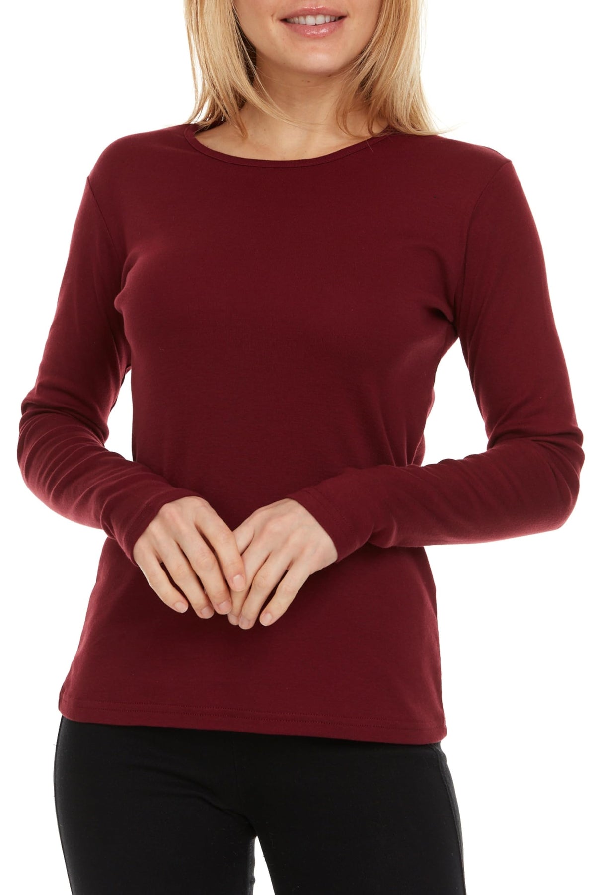 Brix Women's Long Sleeve Tee - Crewneck Cotton T-Shirt Tagless Super Soft Classic and Fitted. (US, Alpha, Small, Regular, Regular, Burgundy)