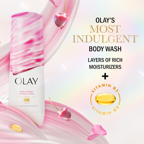 Olay Indulgent Moisture Body Wash for Women, Infused with Vitamin B3, Notes of Rose and Cherry Creme Scent, 20 fl oz