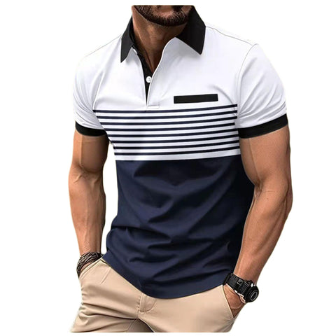 Legou Men’s Polo Shirt Short Sleeve Blocked Striped Button-Down Collar Top with Pocket Summer Casual T-Shirt White M