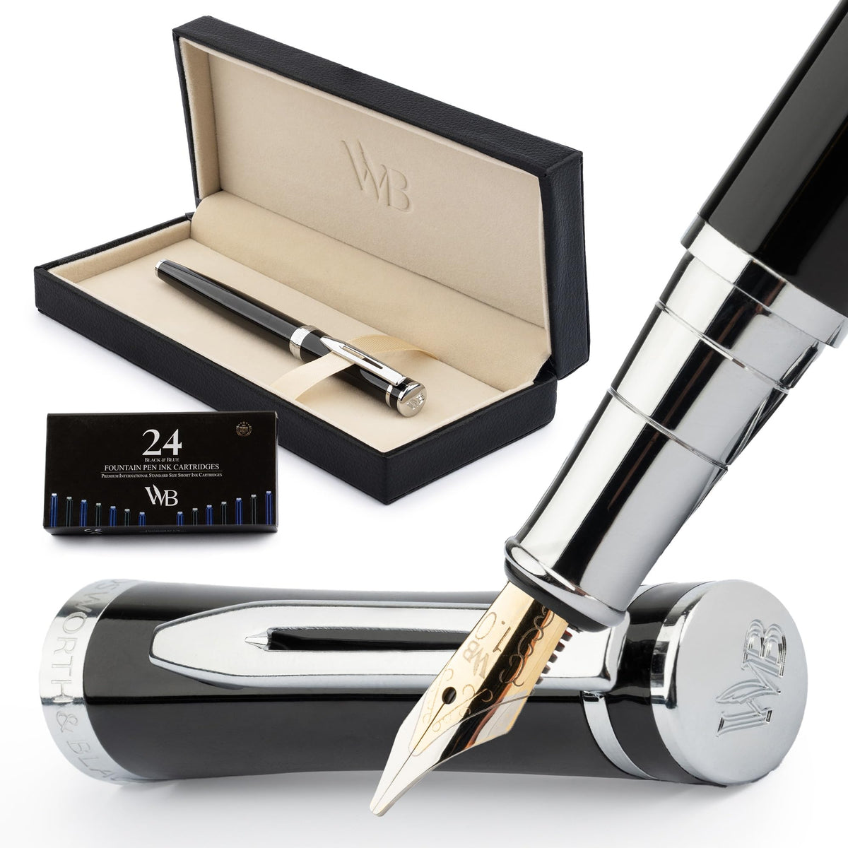 Wordsworth & Black Chrome Plated Chrome Black Calligraphy Fountain Pen Set with 24 Ink Cartridges, Piston Converter and Gift Box