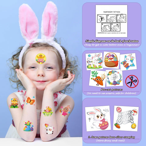 Konsait 96 PCS Easter Temporary Tattoos for Kids, Pre-cut Fake Tattoos Easter Tattoos Hot Silver Stamping Kid Tattoos Temporary Eggs Bunny Tattoos Easter Basket Stuffers Prizes for Kids Adult