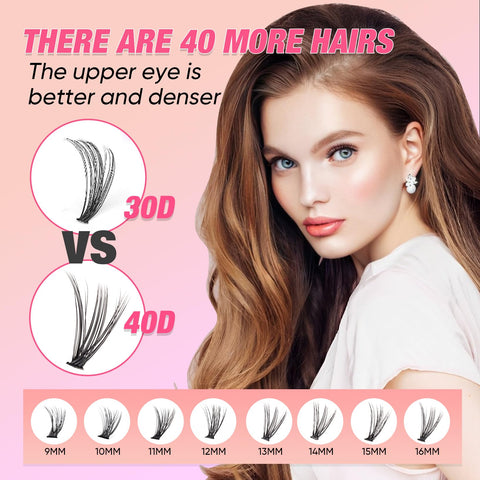 DIY Lash Extension Kit 280pcs Individual Lashes Cluster 3D effect D Curl Eyelash Extension Kit 40D 9-16mm Mix Lash Clusters with Lash Bond and Seal and Lash Applicator Tool for Self Application at Home (40D-0.07D-9-16MIX KIT)