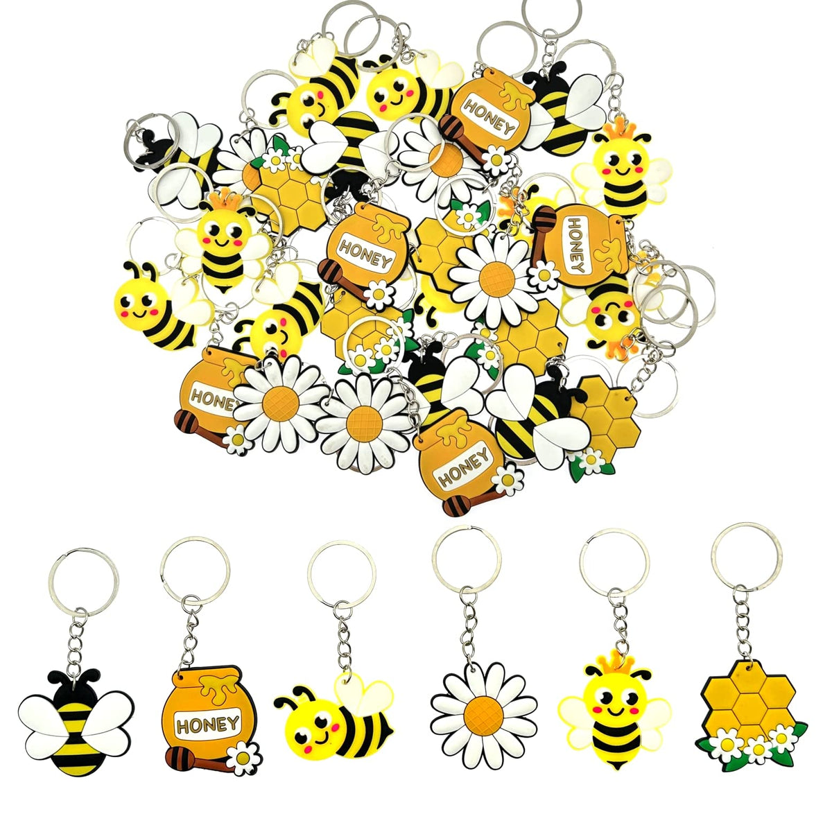JZK 30 Pcs Cute bee keyrings set for kids, mini rubber keychains for children birthday party favours, kids party bag fillers, kids party thankyou gift giveaway gifts