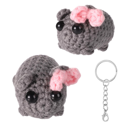 lasuroa Sad Hamster Keychain, Cute Crochet Sad Hamster Meme Plush Positive Hamster Knitted Hamster Keychain Sad Hamster Knitting Doll with Bow for Office Desk Home Decor Gift