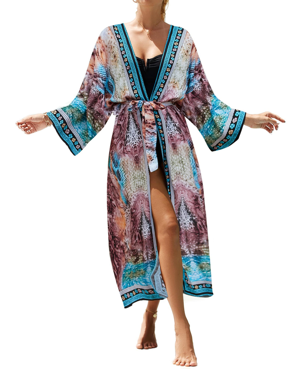 Bsubseach Kimono Swimsuit Cover Ups for Women Robe Pool Cover Up Long Beach Dress Colorful Cardigan for Swimwear Snake