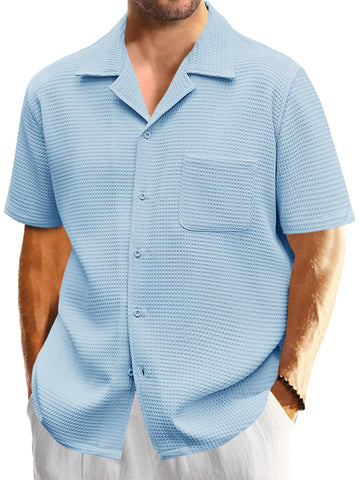 Mens Waffle Button Down Shirt Short Sleeve Loose Fit Cuban Summer Beach Plain Tops Sky Blue