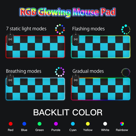 Checkboard Black Blue Plaid Wireless Charging Mouse Pad for Mobile Phone Extra Large Gaming Mousepad with 13 Lighting Modes Mouse Mat for Office Home Gaming MacBook PC Laptop Desk