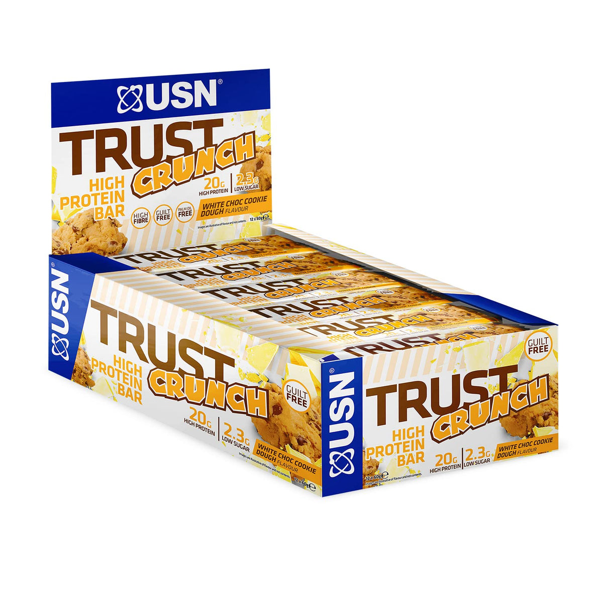 USN Trust Crunch White Cookie Dough Protein Bars: Indulgent and Filling High Protein Snacks - 20g Protein Per Serving (12 x 60g Bars)