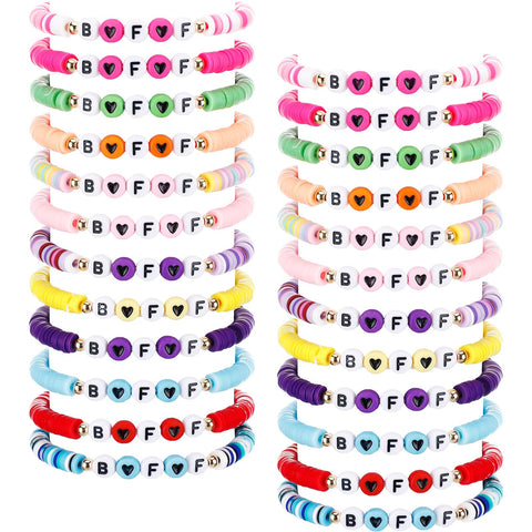 Sureio 24 Pcs Colorful Bff Friendship Bracelets Letter Heart Bestie Friendship Bracelets Surfer Bracelets Stretch Beaded Kids Bracelet for Tween Girls Party Favors Women Back to School Gifts